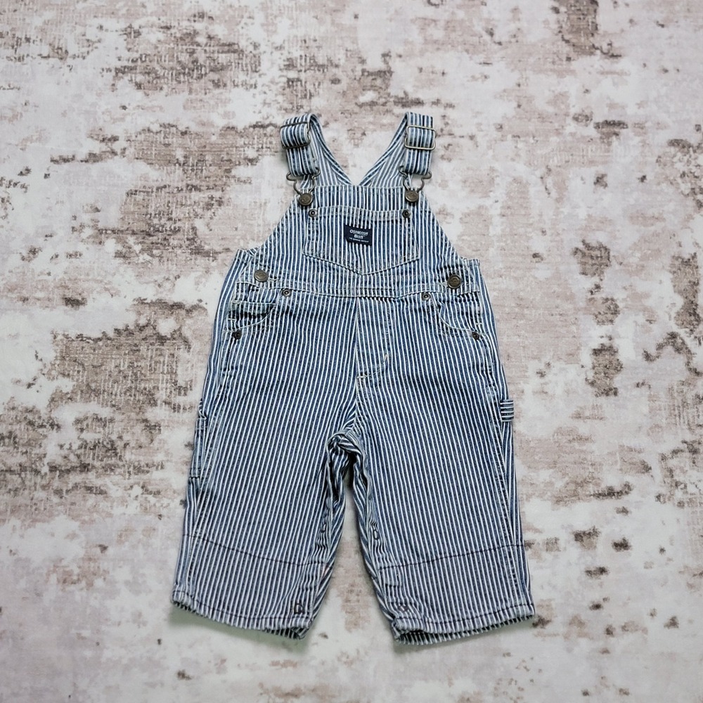 VNTG  OshKosh Blue Hickory Stripe Railroad Overalls Toddler 3-6 M Carpenter 90s